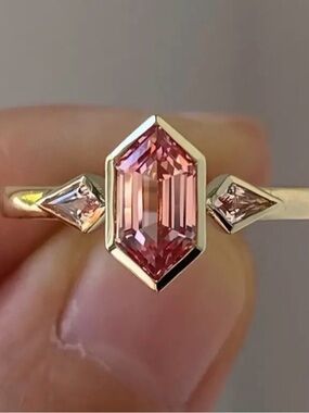 Blush Pink Moissanite Ring – Emerald Cut – 925 Silver Gold Plated – Size 6